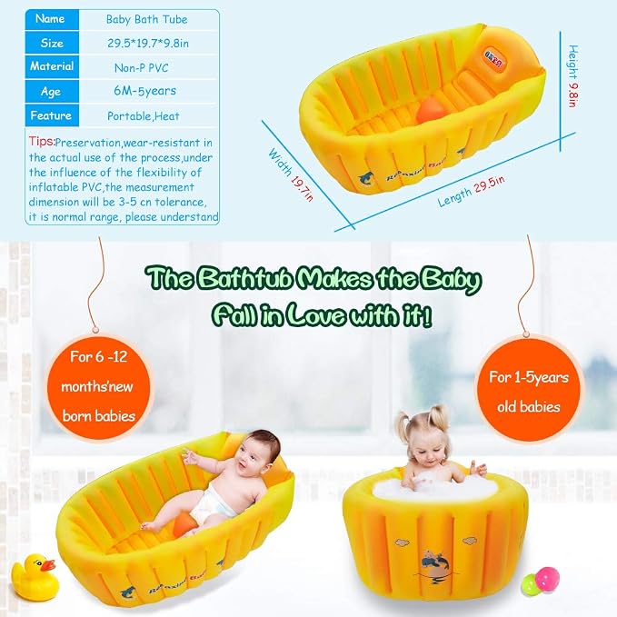 | Inflatable Baby Bathtub,Newborn Bathtub Seat for Infant,Non-Slip Baby Pool for Sitting up,Foldable Toddler Tub Shower,Portable Travel Bath for Kids 0-6 Year (Orange, Animal Print)