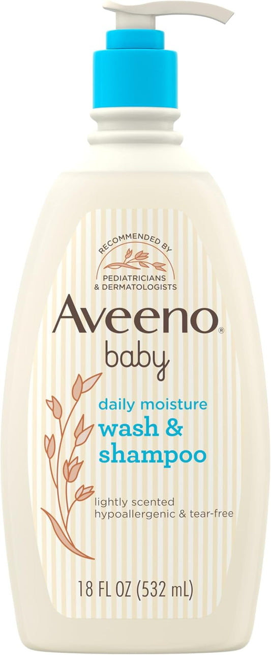 Aveeno Baby Daily Moisture Gentle Body Wash & Shampoo with Oat Extract, 2-in-1 Baby Bath Wash & Hair Shampoo, Tear- & Paraben-Free for Hair & Sensitive Skin, Lightly Scented, 18 fl. oz