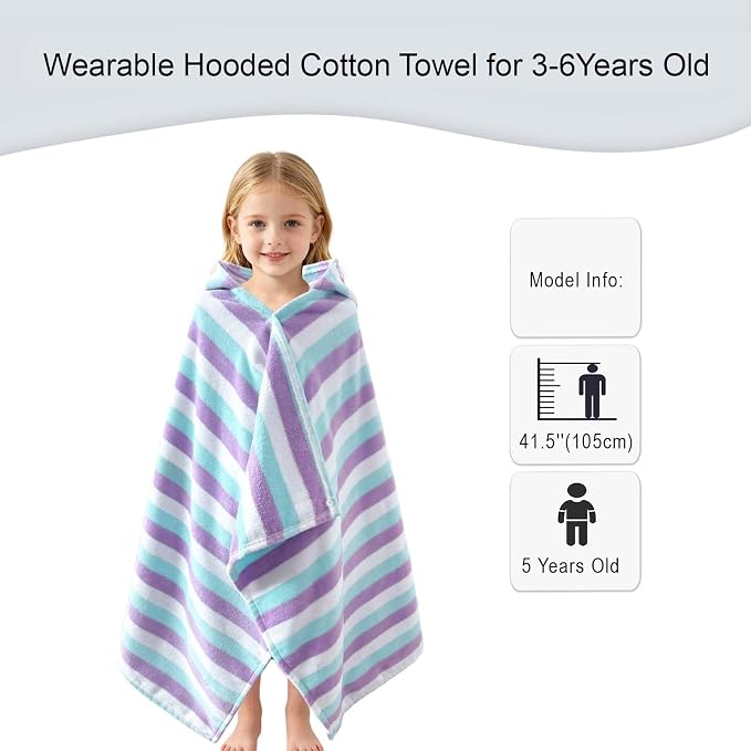 VOOVA & MOVAS Kids Hooded Bath Towels(3-6Years),Absorbent Quick Dry Lightweight Hooded Cotton Towel for Pool | Swim | Beach | Bath, Boys Wrap Towel with Hood, Aqua Purple Stripe