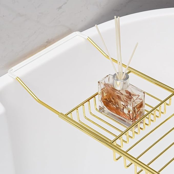 Bathtub Tray,Stainless Steel Shower Bathtub Caddy Tray with Removable Book Holder Red Wine Rack Holder, for Home Kitchen Bathroom,Gold
