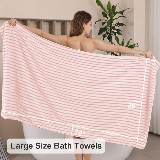 4 Piece Pink Cabana Stripe Large Bath Towels 35"x70" Oversized Bath Sheet Super Soft Breathable Jumbo Bathroom Towels Highly Absorbent Shower Towel Quick Dry Beach Chair Towel Spa Gym Hotel Towel Set