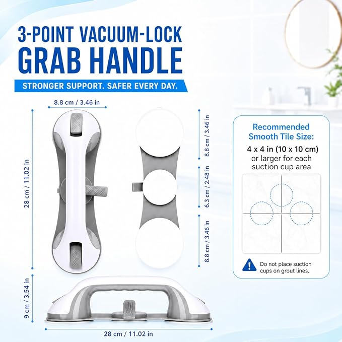 2 Pack Grab Bars for Bathroom, Shower Safety Handle for Elderly and Seniors, No Drill Removable Bathtub Handle with 3 Suction Cups, Smooth Tile & Glass