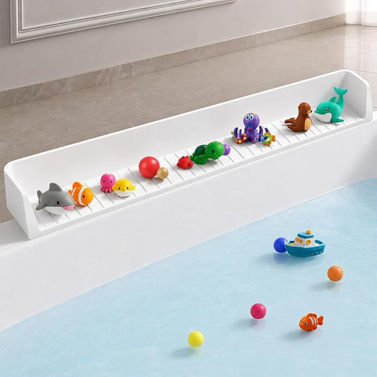 Bathtub splash guard for tub kids& Bath Shelf for Kids – Toddler Bath Tray, Bath Toys Storage & Ledge Organizer – Splash Guard for Bathtub with Suction Cups – Kids Bathroom Accessories(2.6FT, White)