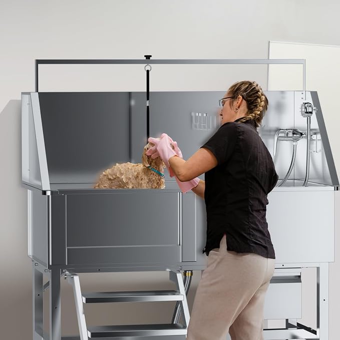 46" Dog Washing Station, Professional Stainless Steel Dog Bathtub w/Ramp & Storage Drawer, Adjustable Grate, Non-Slip Design, Perfect for Home Grooming & Large Dogs (46" Left Stair)