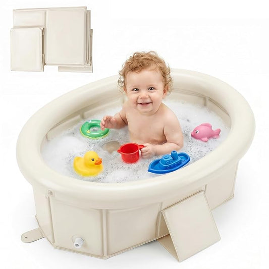 Orzbow Toddler Bathtub with Inflatable Top Edge, Collapsible Baby Bathtub with Side Drain Plug, Portable Bath Tub for Infant Toddler Kids 6M- 6Y Without Assembly, Extra Stable & Durable, Beige