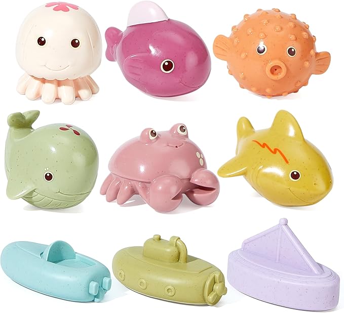 Mold Free Baby Bath Toys, 9 Pack | Sealed No Holes Design, No Water Inside | Soft Easy Grip Floatable Bathtub Toys | Baby Pool Water Toys for 0-6 6-12 12-18 Months, Toddlers 1-3 Years Old Girls Gift