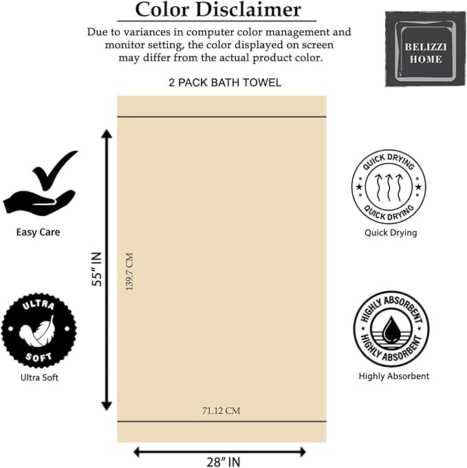 Belizzi Home Cotton 2 Pack Oversized Bath Towel Set 28x55 inches, Large Bath Towels, Ultra Absorbant Compact Quickdry & Lightweight Towel, Ideal for Gym Travel Camp Pool - Sky Blue