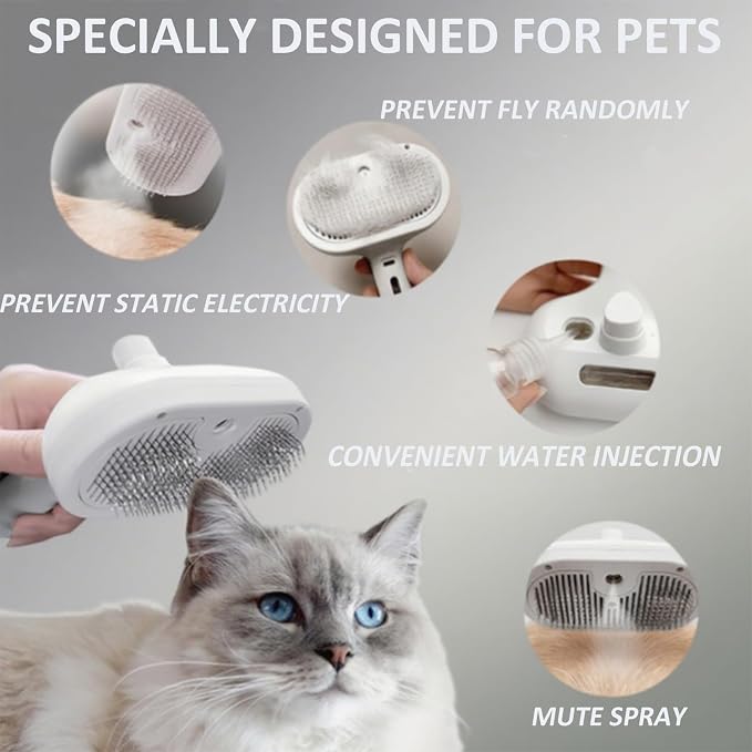 3-in-1 Self-Cleaning Steamy Pet Brush for Dogs & Cats, Fresh Fur Shower Brush That Removes Loose Hair, Reduces Shedding, Grooming Tool for Long & Short Hair, Wet or Dry Use (White)