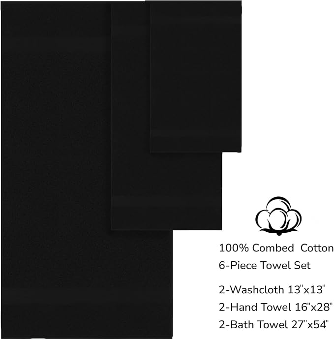 Feather & Stitch 100% Cotton 625 GSM Bath Towel Set of 6, Ultra Soft Highly Absorbent 2 Bath Towels, 2 Hand Towels & 2 Washcloth - Luxury Quick Dry Shower Towels (Black)