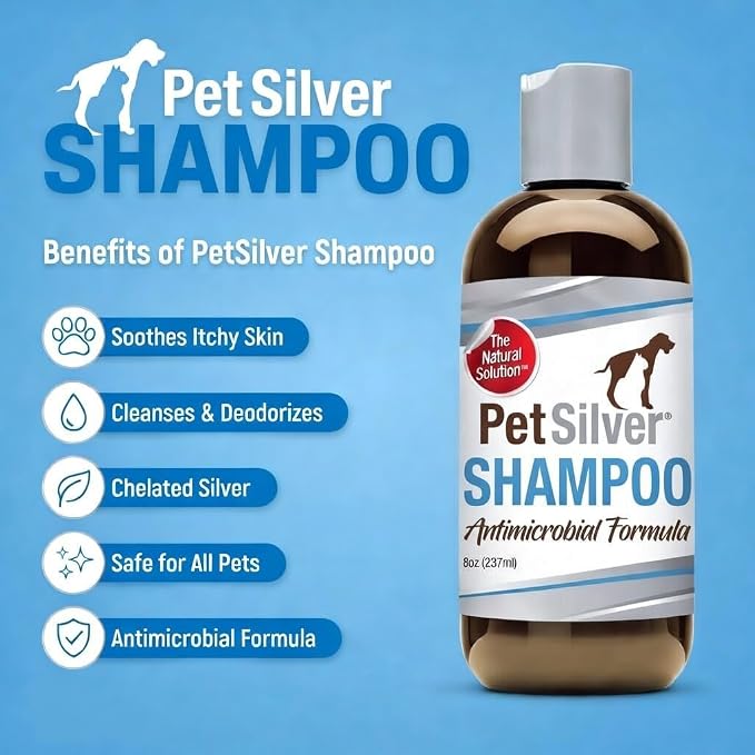 PetSilver Chelated Silver Pet Shampoo - Allergy & Itch Relief, Hot Spots, Cuts & Wounds, Gentle & Safe Formula for Dogs & Cats with Sensitive Skin - Soft & Shiny Coat - Vanilla Citrus Scent - 8oz