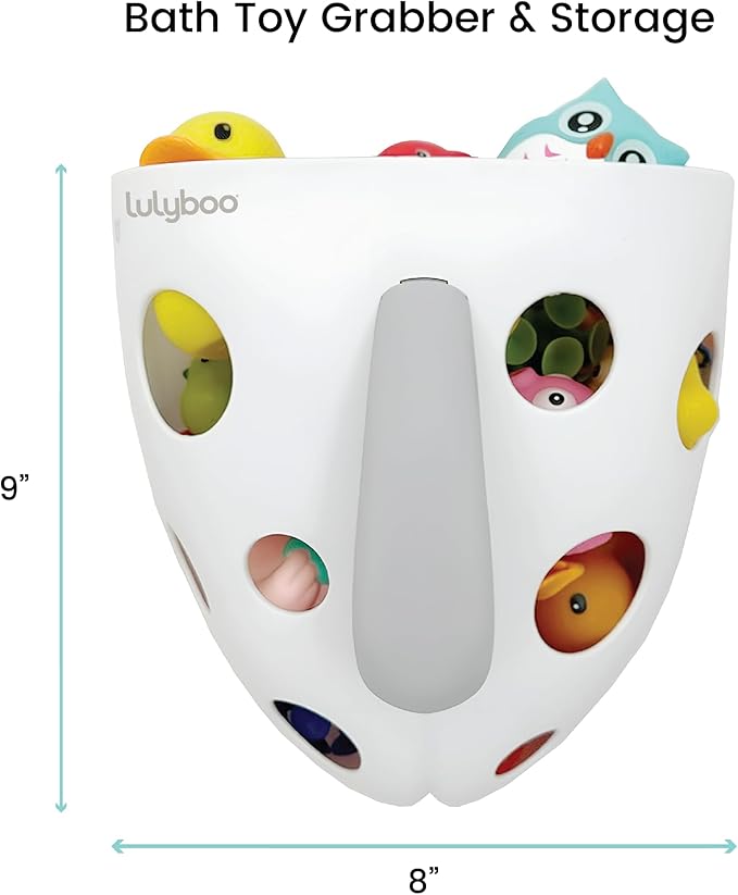 Lulyboo Baby Bath Toy Holder with No-Slip Suction Cups, BPA-Free Drainage Bin, Easy Clean Wall Organizer, White & Grey, Keeps Bathroom Clutter-Free & Safe for Kids