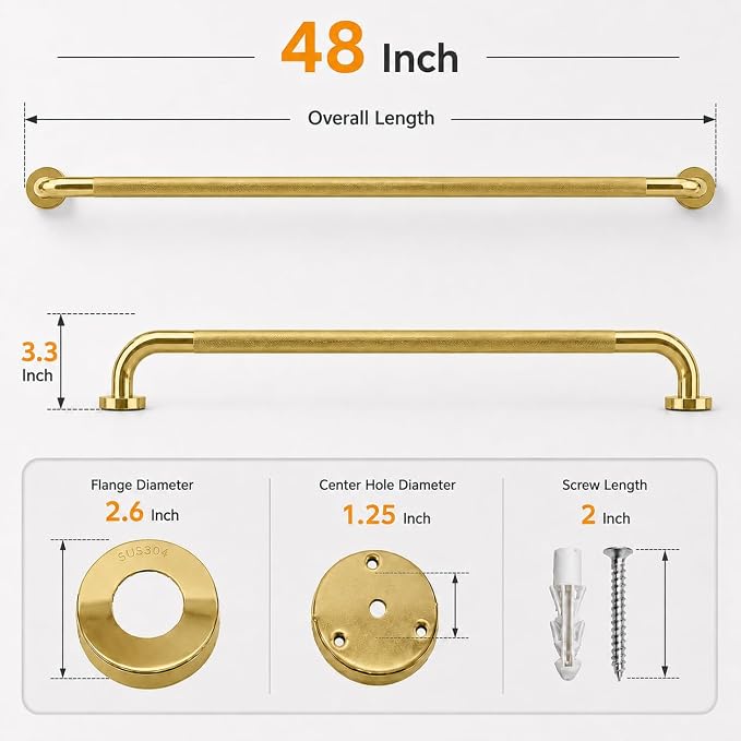 48 Inch Shower Grab Bar, Brushed Gold Bathroom Grab Bar Handle with Anti-Slip Knurled Grip, Stainless Steel Bath Balance Bar, 1.25" Diameter Bath Safety Bar Support for Seniors Elderly Pregnant