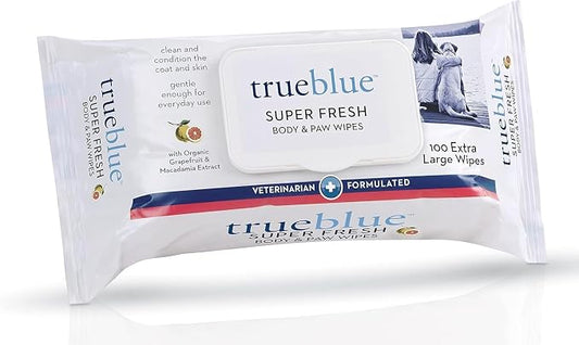TrueBlue Super Fresh Body and Paw Wipes for Dogs and Puppies - Clean Dirty Paws and for deodorizing - Extra Large, Non-Toxic - 8