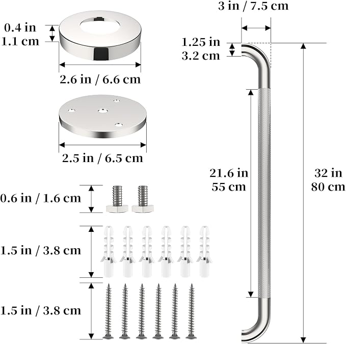 Polished Chrome Grab Bar 32 Inch, iHansee Anti-Slip Bathroom Grab Bar w/Knurled Grip, Stainless Steel Safety Handrail for Toilet Bathtub, Wall Mounted Shower Handle Handicap Bars for Senior Elderly