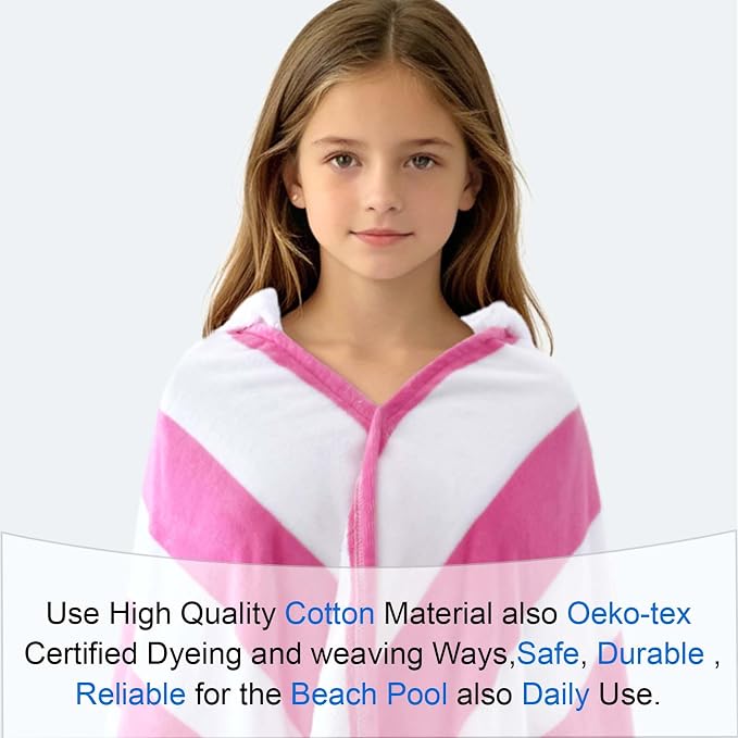 VOOVA & MOVAS Hooded Bath Towels for Teens/Big Kids (8Years Up) | Soft Absorbent 100% Cotton Thick Towel Wrap | Versatile Beach, Pool, Swim & Bath Cover-Up,Hot Pink White Stripe
