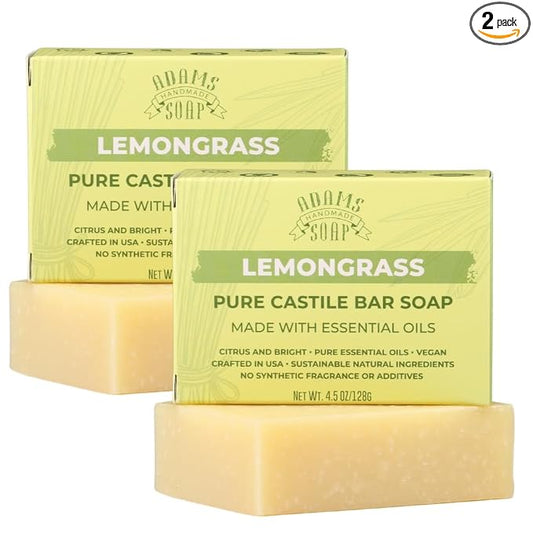 Adams Handmade Soap Lemongrass Pure Castile Bar Soap – 4.5 oz | Vegan, Cold Process, Essential Oils, 84% Organic, Fair Trade, No Additives, USA Made