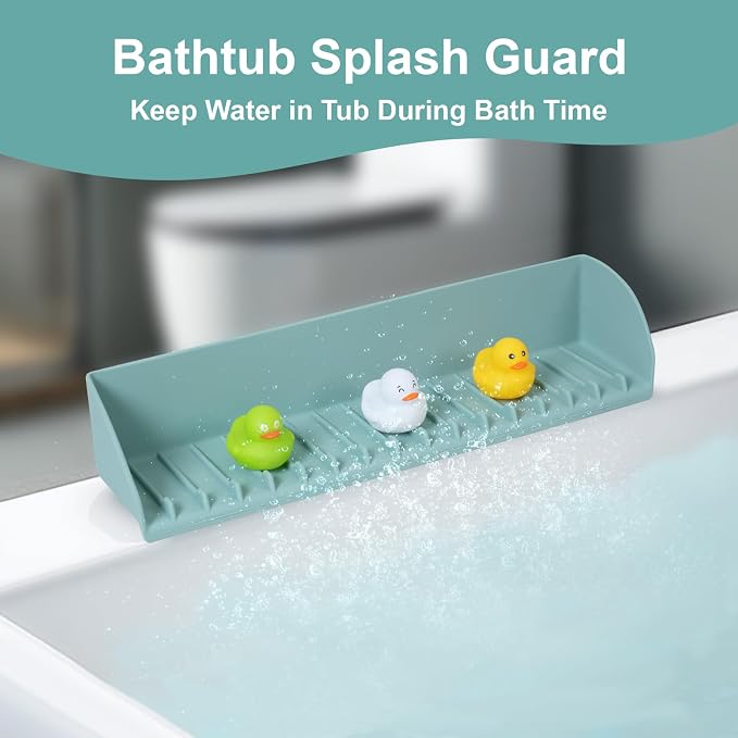 Tub Splash Guard for Kids, Water Splash Guard for Bathtub Edge, Bath Toy Storage and Play Shelf, Bathroom Silicone Splash-Resistant with 4 Suction Cups, Easy to Install, Aqua Blue, 1 Pack