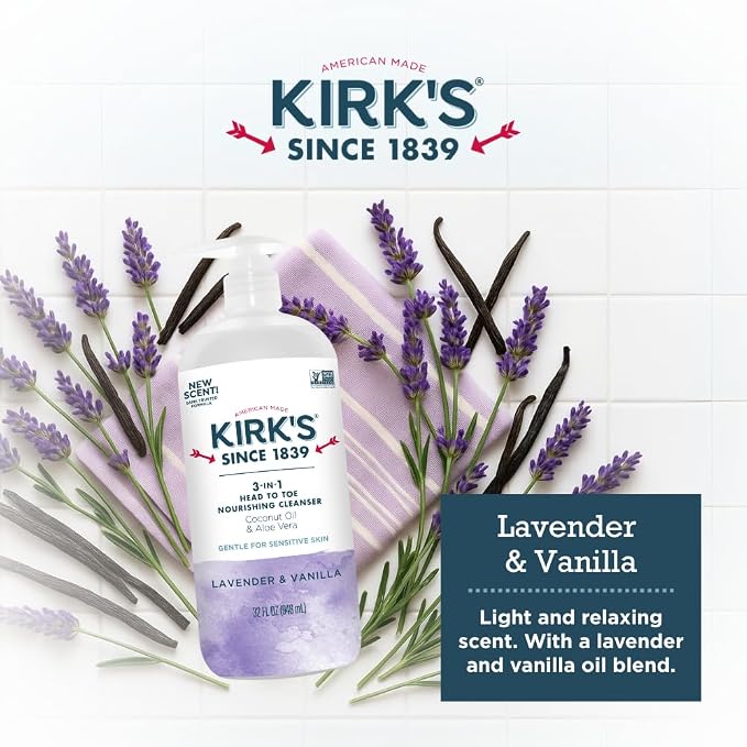 Kirk's 3-in-1 Head to Toe Nourishing Liquid Cleanser- for Men, Women & Children - Premium Coconut Oil & Aloe Vera- Non GMO & Vegan - Lavender and Vanilla - 32 Fl Oz. - 2 Pack