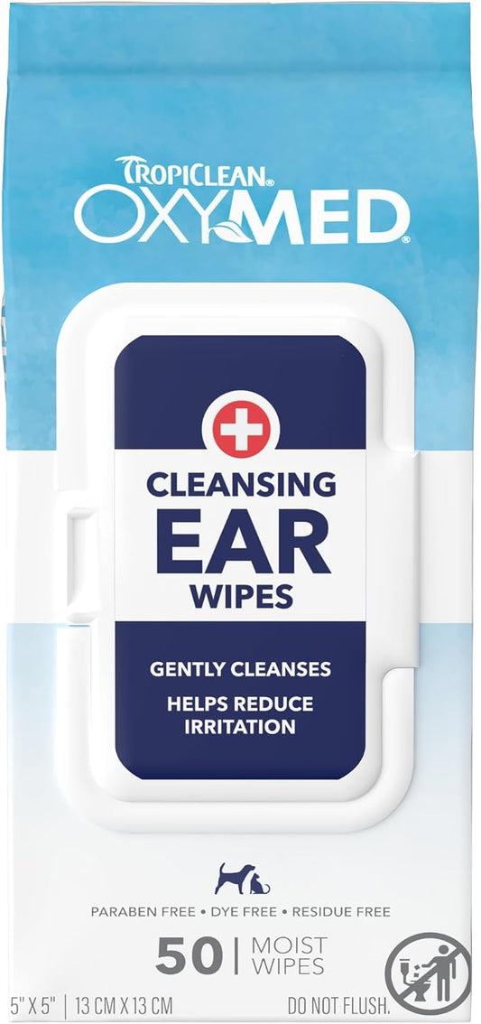 TropiClean Oxymed Soothing Ear Wipes for Dogs & Cats, Anti-Itch Relief, 50 Count