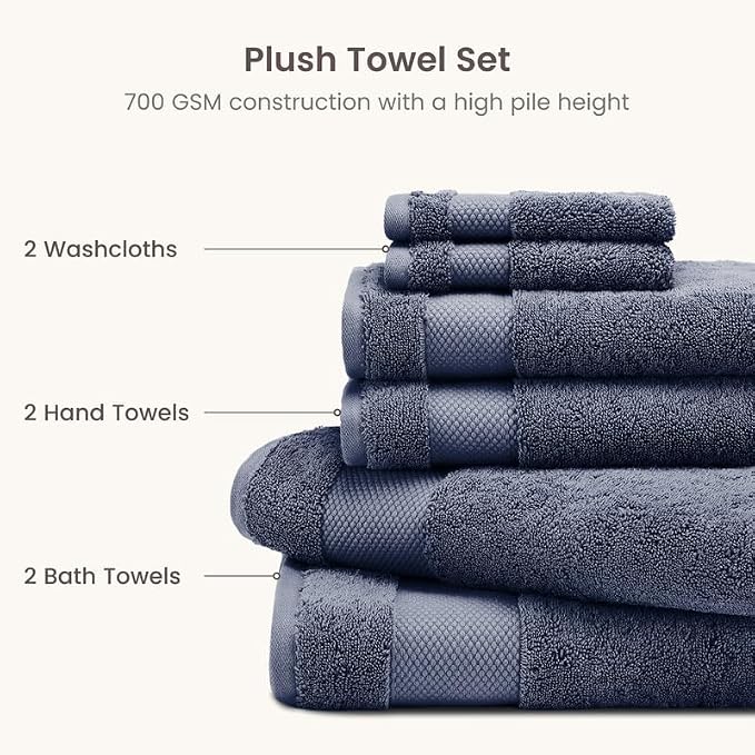 BIOWEAVES 100% Organic Cotton 6-Piece Luxury Bathroom Towels Set GOTS Certified 700 GSM, 2 Bath Towels, 2 Hand Towels & 2 Wash Cloths - Mineral