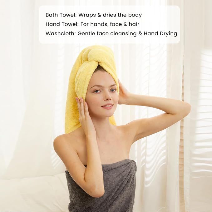12-Piece Cotton Bath Towel Set with Hanging Loops for Bathroom, Yellow&Gray | Balanced towel set for family showers, sink-side use, guest baths, and wash-day rotation, OEKO-TEX certified, easy care