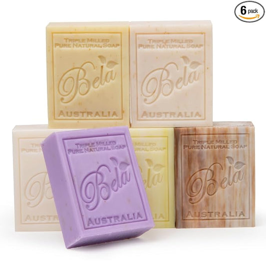 BELA Triple Milled Soap Variety Pack 3.3 OZ Pack of 6, Long Lasting French Triple Milled Bar Soap with Organic Shea Butter, Hand, Face and Body Wash Bar Made in Australia