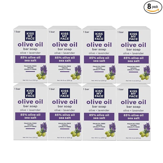 Kiss My Face Olive Oil Bar Soap, Non-GMO Certified Vegan Soap Bar, Antioxidant Rich and Moisturizing Soap, Olive & Lavender, 8 Oz Bar