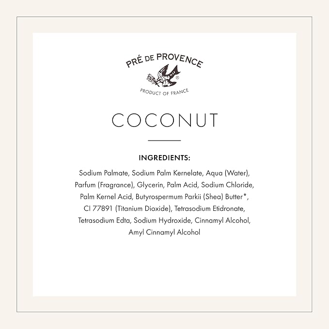 Pre de Provence Artisanal Soap Bar, Enriched with Organic Shea Butter, Natural French Skincare, Quad Milled for Rich Smooth Lather, 8.8 Ounce, Coconut