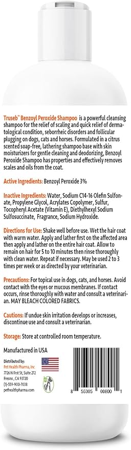 Truseb Clinically Medicated Benzoyl Peroxide 3% Shampoo for Dogs, Cats Horses - Helps Relieve Folliculitis, Dandruff, Oily & Flaky, Red, Itchy Skin–Deep Cleansing & Deodoriz-Passion Fruit Scent-12 oz