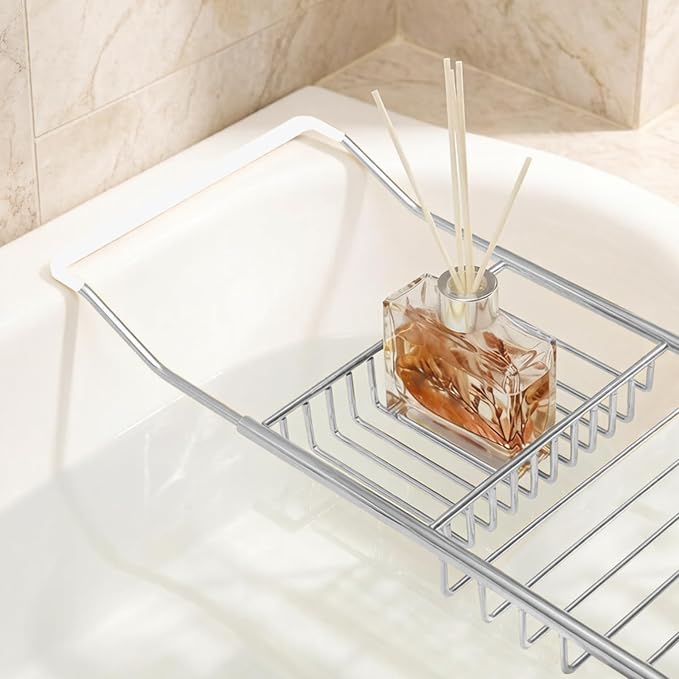 Bathtub Caddy Tray, Expandable Bath Tub Table with Removable Book Holder Red Wine Rack Holder, for Home Kitchen Bathroom, Sliver