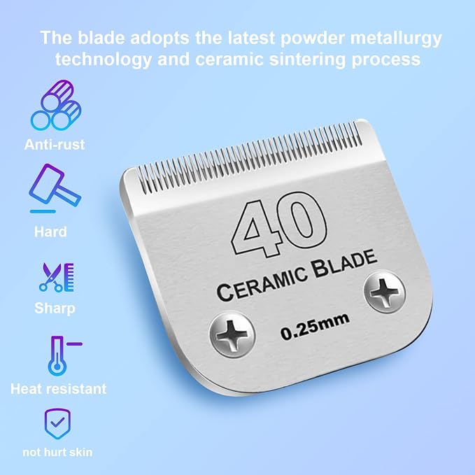 40# Detachable Dog Blades Compatible with Andis/Oster A5 Grooming | Compatible with wahl km10 dog clipper,Cut Length 1/100"(0.25mm),Made of Ceramic Blade & Stainless Steel Blade