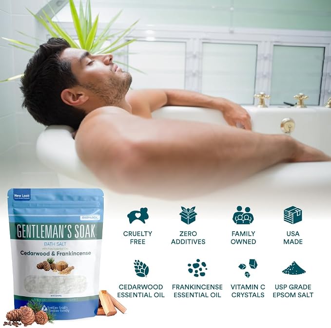Gentleman's Bath Salt 32 Ounces (2 Lbs) Epsom Salt Soak for Men with Natural Cedarwood and Frankincense Essential Oils Plus Vitamin C in BPA Free Pouch with Easy Press Lock Seal Made in USA