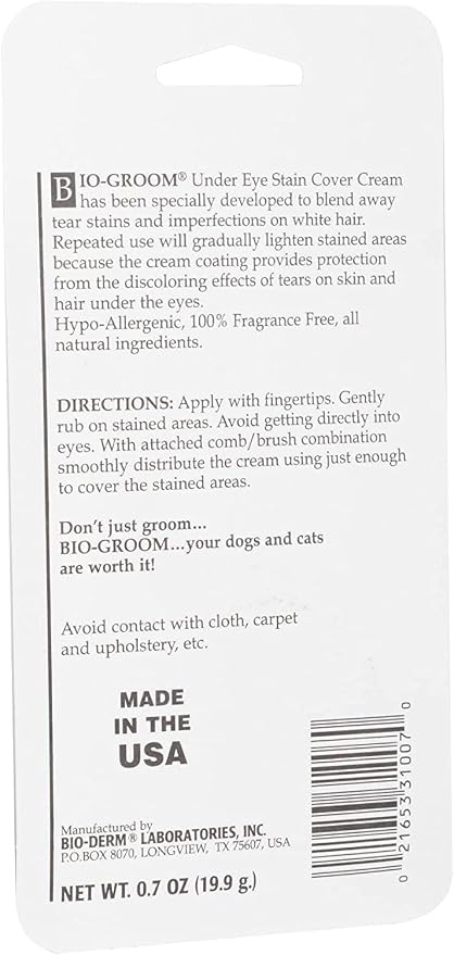 Bio-Groom Stain-Free Dog Eye Cream - Tear Stain Remover for White Dogs, Natural Eye Wash, Hypo-Allergenic, Cruelty-Free, Made in USA, Gentle Eye Cleaner for Dogs - 0.7 oz 1-Pack