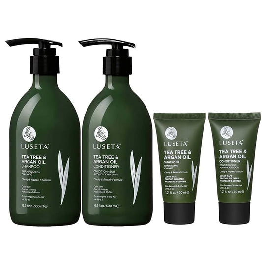 Luseta Tea Tree Shampoo and Conditioner Set Full and Travel Size | for Oily Hair Shampoo and Conditioner Set, Clarifying with Argan Oil Repair Damaged Hair Moisture 2x16.9 + 2x1.01 FL Oz
