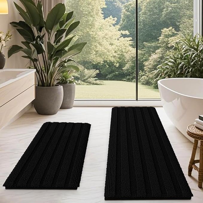ACCUMTEK Striped Black Bathroom Rug Mat Set 2 piece 32"x20"+60"x20" Ultra Soft, Non Slip Chenille Bath Rugs, Absorbent Plush Shaggy Bath Mats for Bathroom, Bedroom, Kitchen, Shower, Tub