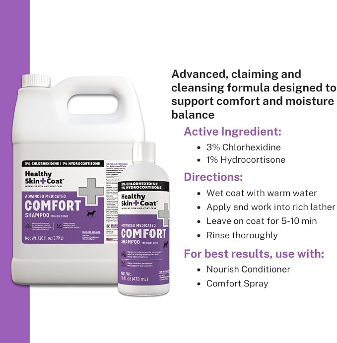 Advanced Medicated Comfort Dog Shampoo, 16 oz - 3% Chlorhexidine, 1% Hydrocortisone, Delivers Fast Itch Relief, Supports Skin and Coat Health, Made in The USA