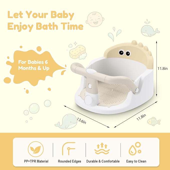 Baby Bath Seat for Babies 6 Months & Up Sitting Up | 360° Stable Toddler Bath Chair with One-Touch Button | Baby Bath Tub Seat with Suction Cups | Open Design, Compact, Detachable, Non-Slip(Yellow)