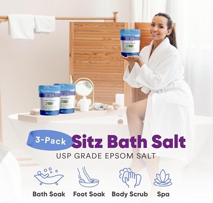 Sitz Bath Salt (3 Pack Soaks Bundle) Hemorrhoid Soothing Sitz Soak USP Grade Epsom Salt 3 Pouches 6 Lbs Total with Pure Essential Oils in BPA Free Pouch with Easy Press Seal Made in USA