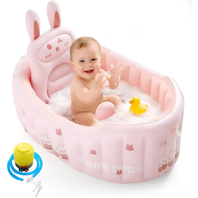 Inflatable Baby Bathtub with Seat Cushion & Air Pump, Newborn to Toddler Bath Tub, Foldable Portable Toddler Tub for Shower Sink, Non-Slip Texture, Quick-Drain, Travel-Ready, Pink