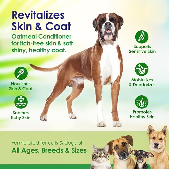 Oatmeal Dog Conditioner for Dry Itchy Skin with Soothing Aloe Vera, Suitable for All Pets, Moisturizes and Detangles Matted Hair, 16 Oz