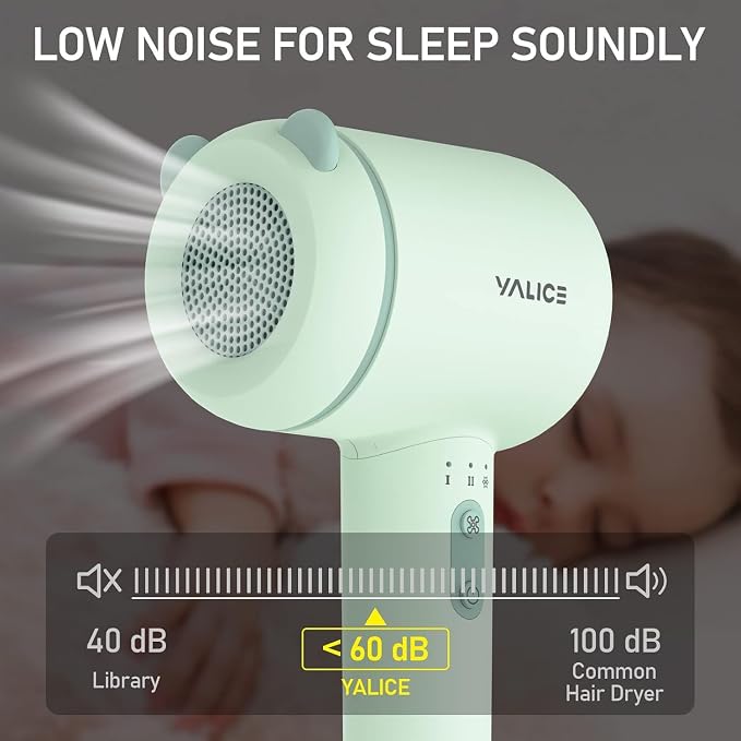 YALICE Cordless Hair Dryer for Baby and Kids, Portable Travel Blow Dryer with Gentle Airflow & Low Heat Ionic Care for Infant, 3 Speed Settings, Mini Rechargeable Hair Dryer with Charging Base (Green)