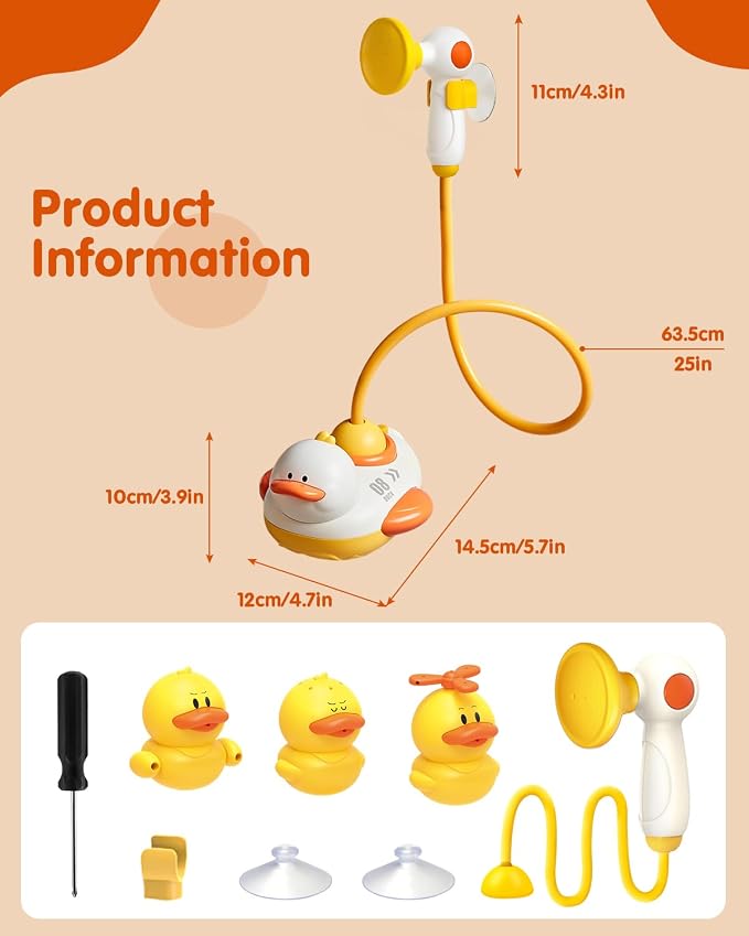 Duckie Baby Bath Shower Head, Toddler Bath Toys for Kids Ages 1-3, Baby Shower Head for Bathtub with Three Squirting Ducks, Birthday Gift for Toddler Boys Girls