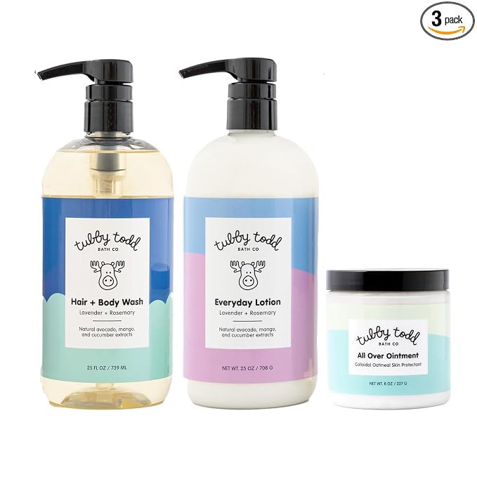 TUBBY TODD 3-Step Baby Bath & Skincare Routine - The Regulars Bundle - Baby Shampoo and Body Wash, Everyday Lotion 25 Oz & All Over Ointment 8 Oz - Lavender Rosemary