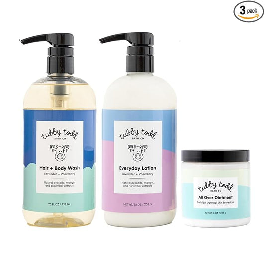 TUBBY TODD 3-Step Baby Bath & Skincare Routine - The Regulars Bundle - Baby Shampoo and Body Wash, Everyday Lotion 25 Oz & All Over Ointment 8 Oz - Lavender Rosemary