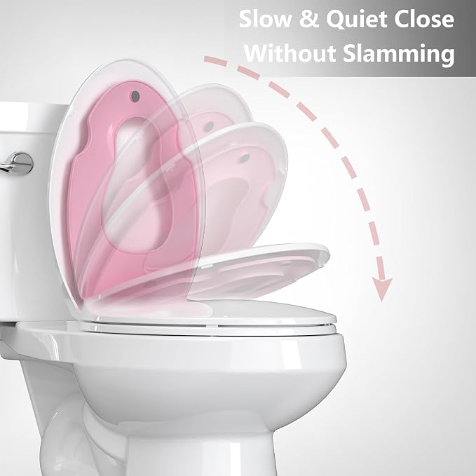 Enlongated Toilet Seat with Built-in Toddler Seat for Easy Potty Training, Baby Toilet lid 2 in 1, Easy Install and Clean, PP Material Safe and No Loosen, Perfect for Both Adults and Children, Pink