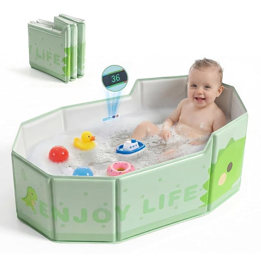 Orzbow Portable Toddler Bathtub with Temperature Sticker, Collapsible Baby Bathtub with Side Drain Plug, Travel Baby Bath Tub for 6 Months+, Easy to Clean, Stable & Durable, Folds to Store, Green