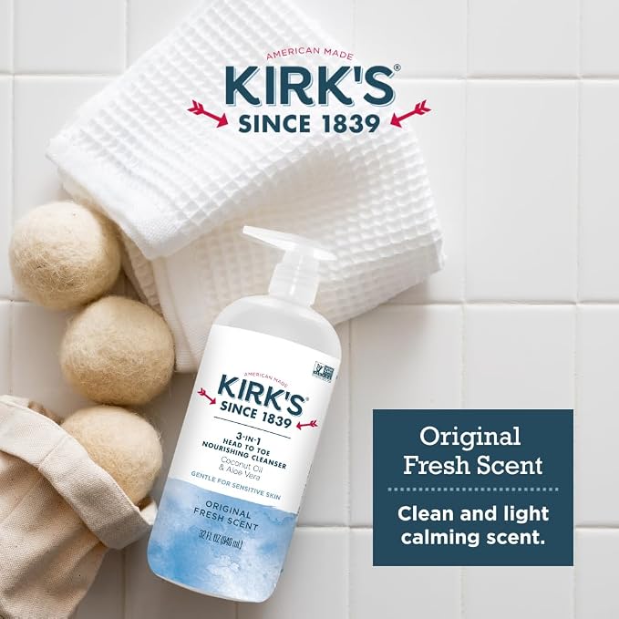 Kirk's Original Fresh 3-in-1 Nourishing Cleanser, Shampoo Body Wash Bubble Bath, Coconut Oil and Aloe Vera, Vegan Non-GMO, 32 Fl Oz