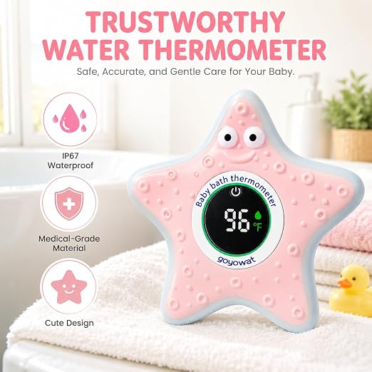 Baby Bathtub Thermometer with LED Display Screen+Pink Starfish toy-2-in-1 | Color Coded Alarm (Cold/Comfortable/hot) Bath Temperature Monitor, Adorable Floating Toys for Infants, Essential for Babies