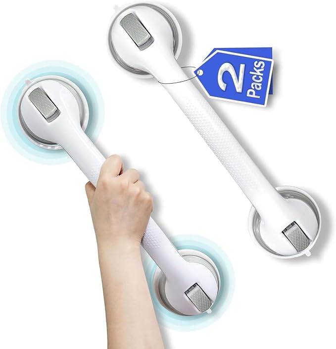2 Pack 15.88 inch Grab Bars for Shower, Handicap Grab Bars for Bathtubs and Showers, Shower Handles for Elderly Suction Cup, Bathroom Safety Showers Hand Rails for Wall, No Drilling Silver