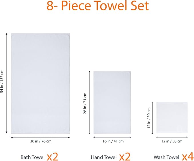 Amazon Basics 100% Cotton Soft Quick-Dry 8-Piece Towel Set, Bath Towels, Hand Towels, Washcloths, White, Compact & Lightweight